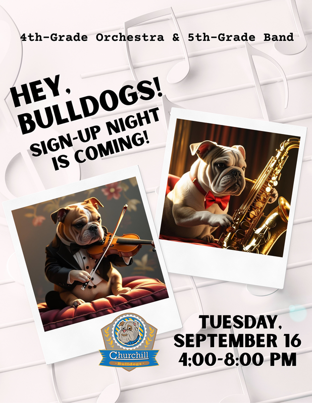flyer about sign up night with bulldogs playing a violin and saxophone
