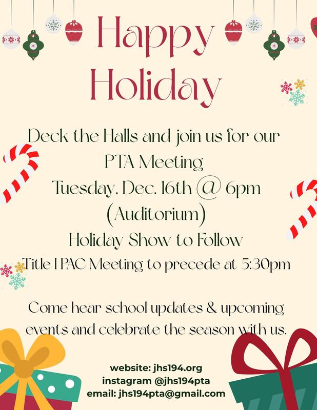 December PTA Meeting Flyer 12.16.25 at 6pm in the Auditorium