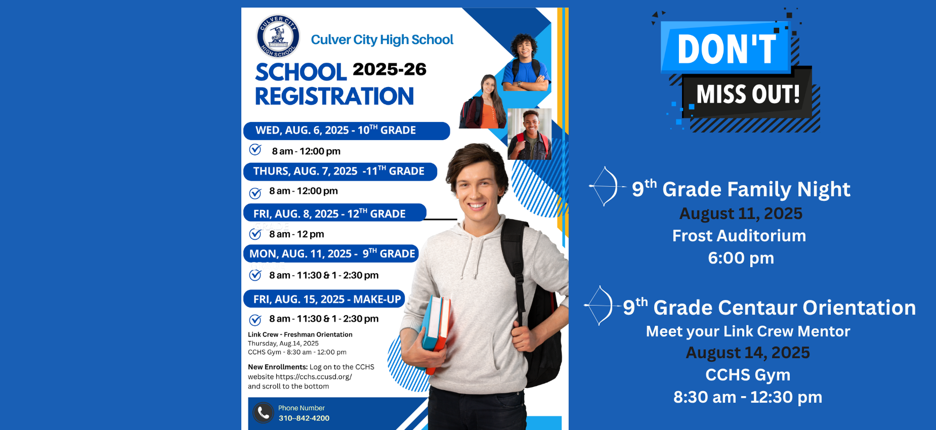 Culver City High School registration poster with event details and smiling students.