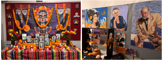 Ofrendas wtih colorful banners and student-drawn artwork honoring people who have passed on.