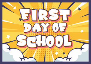 Yellow background with stars and clouds with the words first day of school