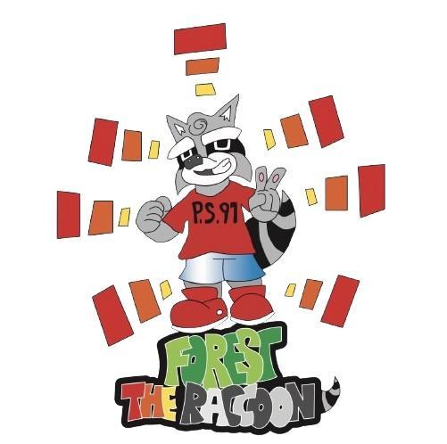 Cartoon raccoon character in a red shirt and blue shorts with colorful background elements.
