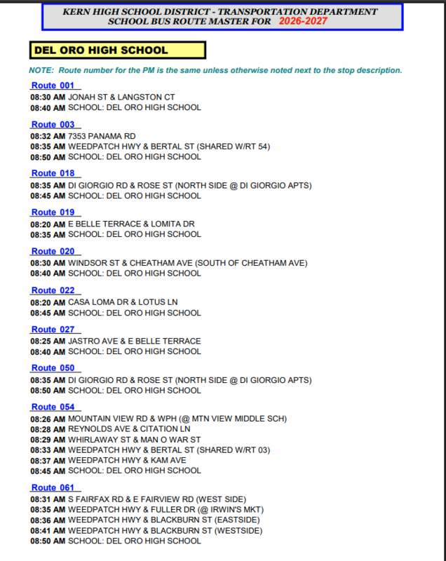 Page 1: 2026-27 Del Oro Bus Routes