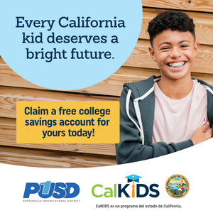 Young smiling boy in a gray sweater with a blue speech bubble that reads "Every California kid deserves a bright future." Text below the image says "Claim a free college savings account for yours today!" and includes logos for PUSD and CalKIDS.