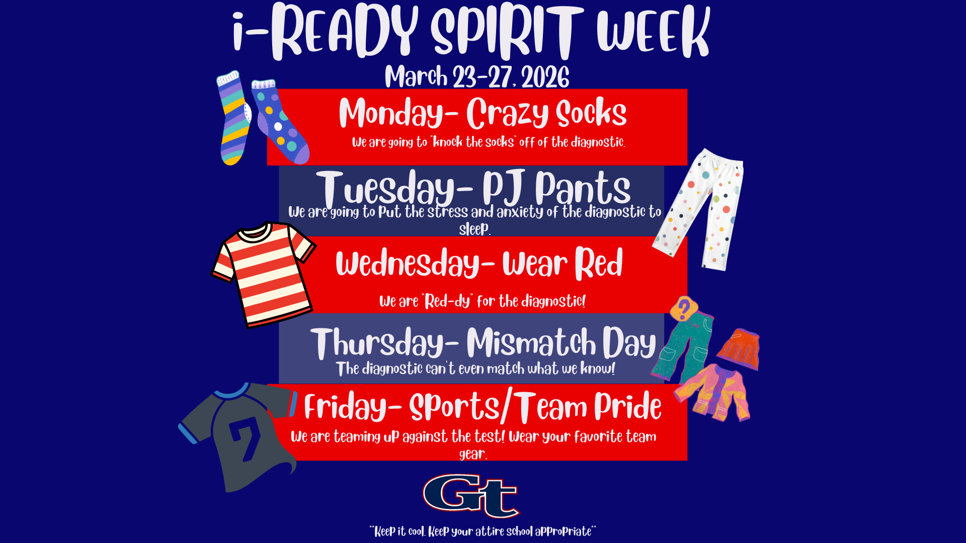 Text detailing i-Ready Spirit Week schedule and activities.