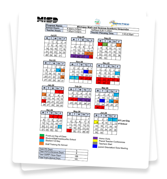 MIMMSAD Pre-School Calendar