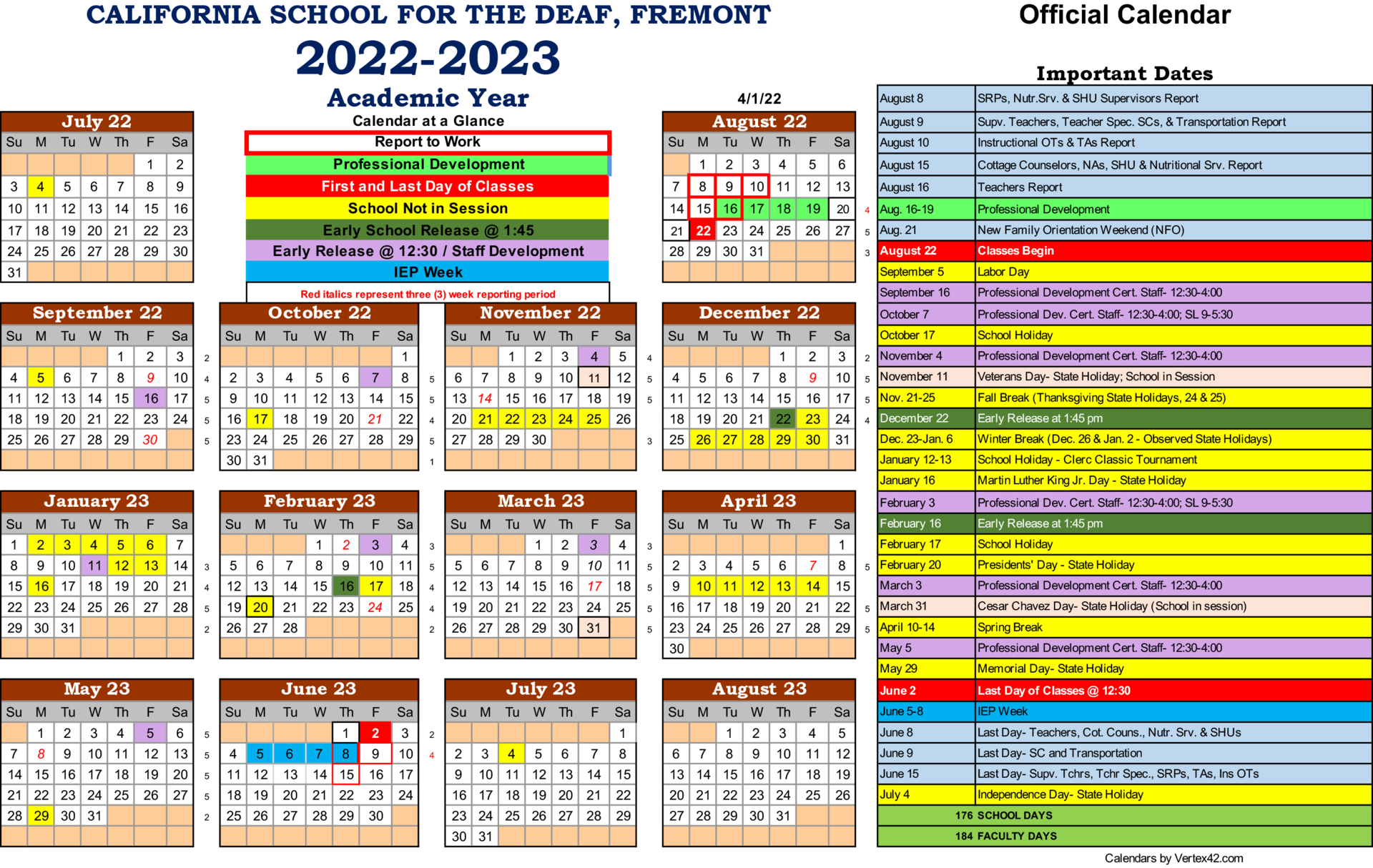 2022-2023 Calendar - Families - California School for the Deaf