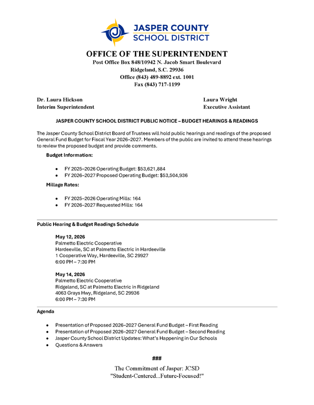 JASPER COUNTY SCHOOL DISTRICT PUBLIC NOTICE – BUDGET HEARINGS & READINGS Featured Photo