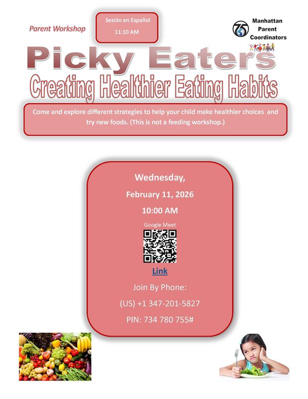 Flyer for Picky Eater Workshop that includes sign up link - English