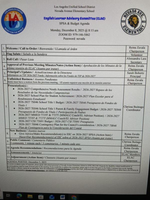 ELAC SPSA & Budget Agenda for meeting on December 8th, 2025/Agenda de la reunión de ELAC SPSA y Presupuesto para el 8 de diciembre de 2025