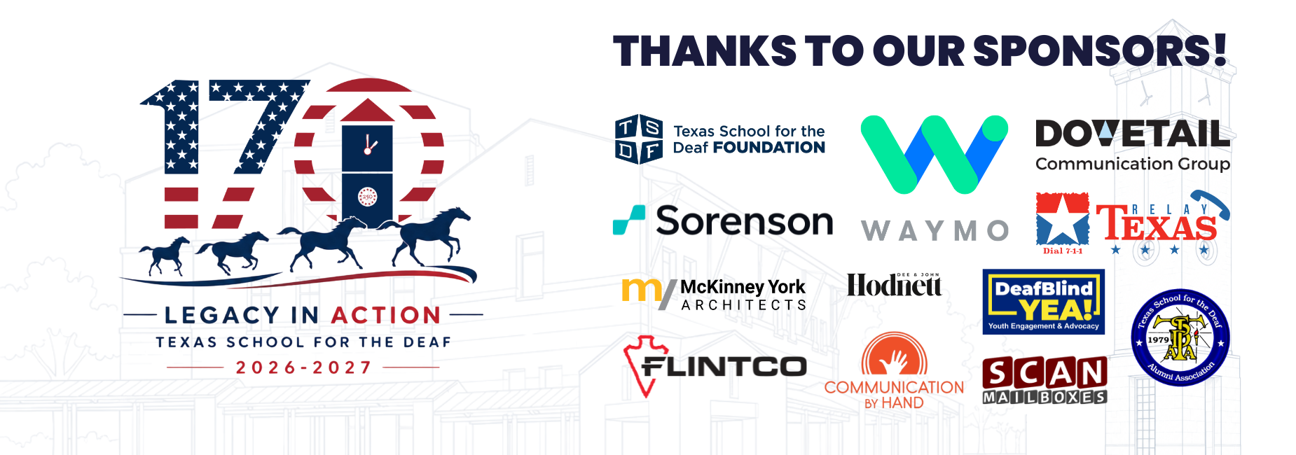 Sponsors' logos for Texas School for the Deaf 2026-2027 event.