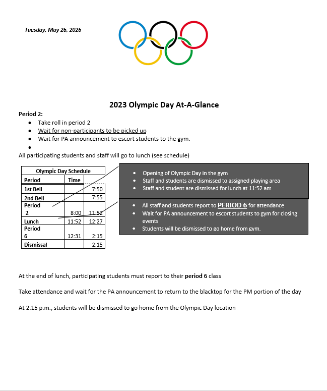 Olympic Day, Tuesday, May 26th - Schedule