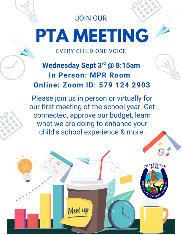 PTA Monthly Meeting - 09.03.2025 in Room 14 (MPR) or Zoom (ID: 579 124 2903) at 8:15 am.