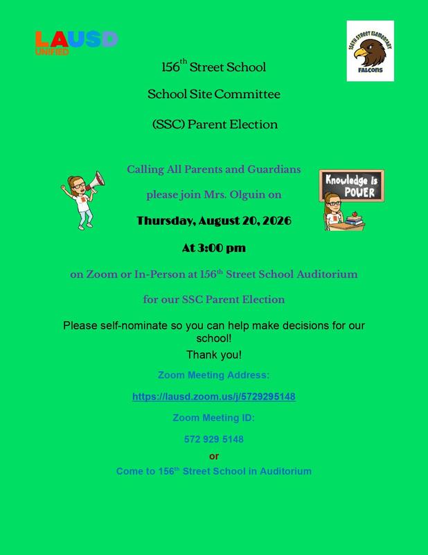 SSC Parent Election on Thursday, August 20, 2026 at 3 pm via Zoom and in the auditorium