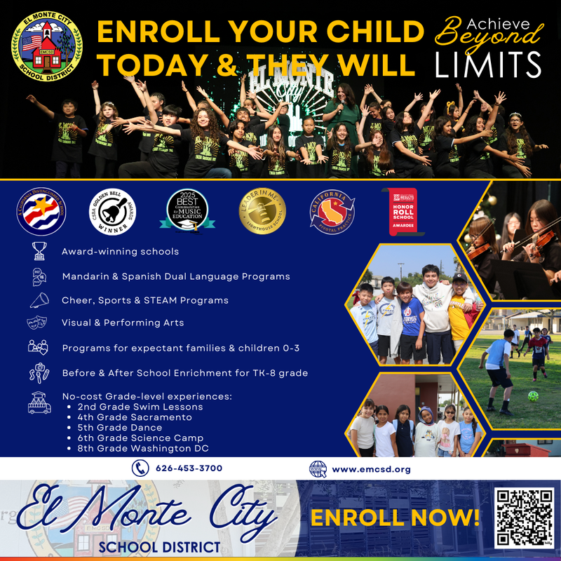 EMCSD's 2026-2027 official enrollment flyer that adertises multiple programs the district has won and highlights programs offered. It also features pictures of students in various activities across the district.