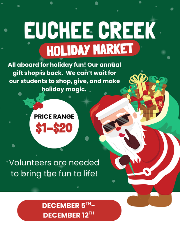 Santa Claus in sunglasses holding a bag of gifts with holiday market details.