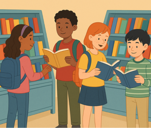 Illustration of four students browsing bookshelves at a book fair