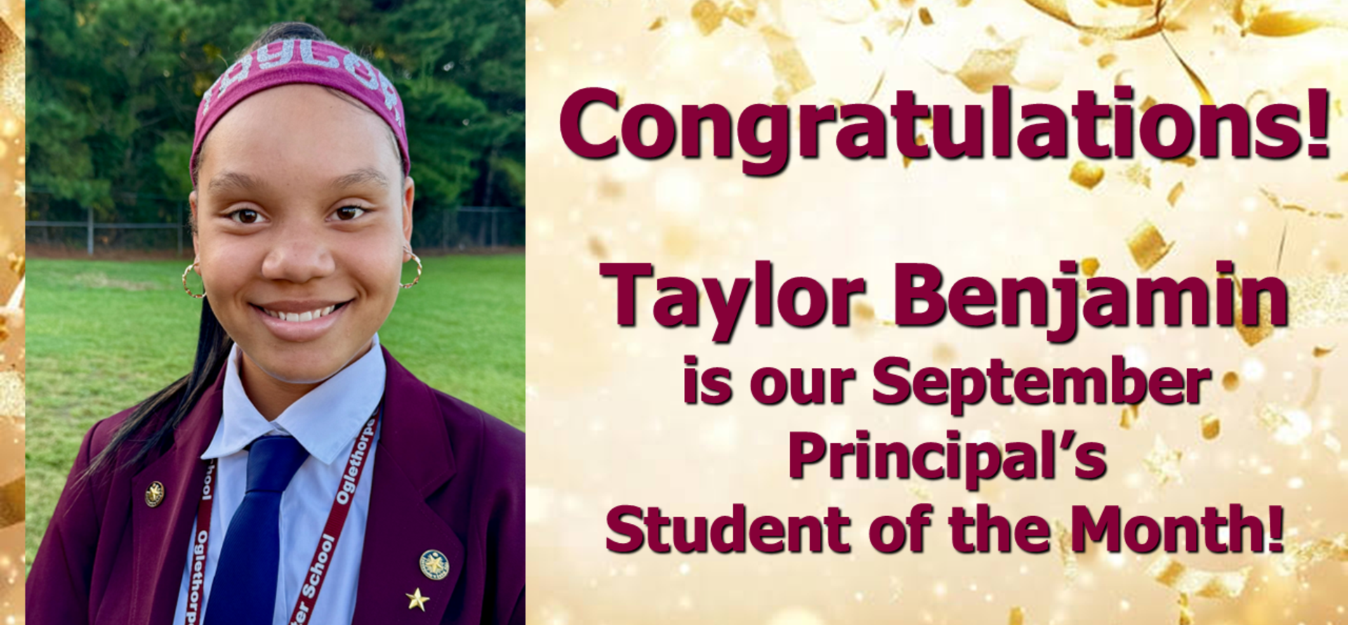 A student wearing a maroon blazer with a congratulatory message for being Student of the Month.