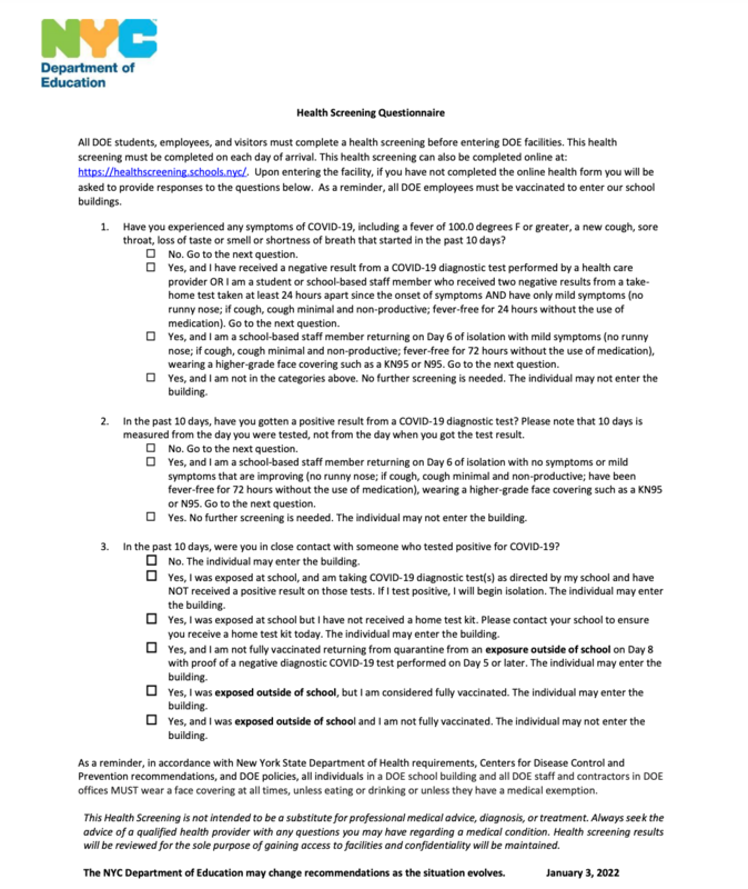 Health Screening Survey dated January 3, 2022
