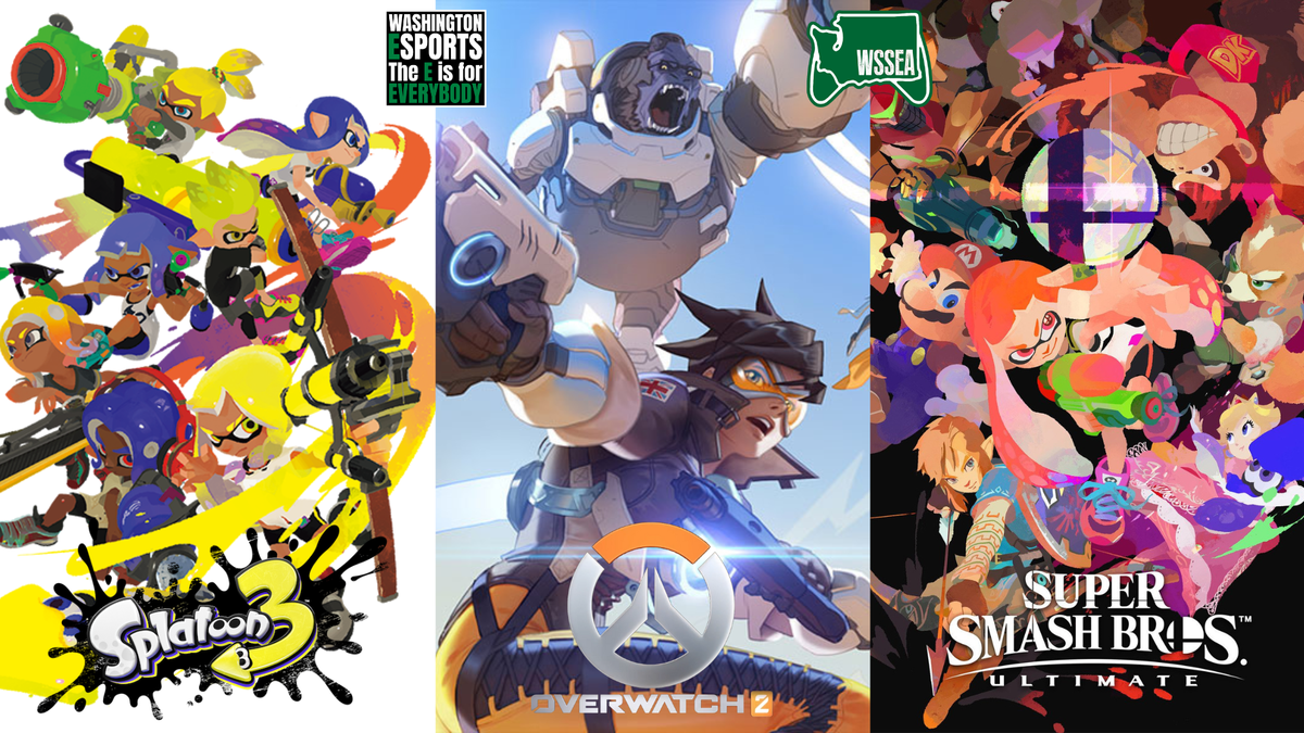 picture of WSSEA video game titles: Splatoon, Overwatch 2 and Smash Bros.
