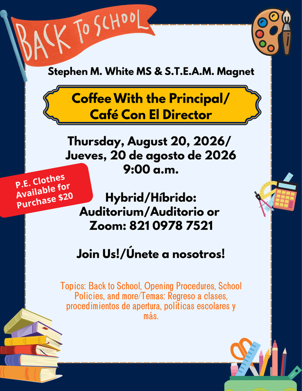 Coffee with the Principal on Thursday, August 20th at 9:00 am.  Join us in person or on zoom