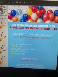 All families are welcome to attend on Monday May, 4 2026 at 8:20 am in the Nevada Parents Center. Todas las familias son bienvenidas a asistir el lunes 4 de mayo de 2026, a las 8:20 a. m., en el Nevada Parents Center.