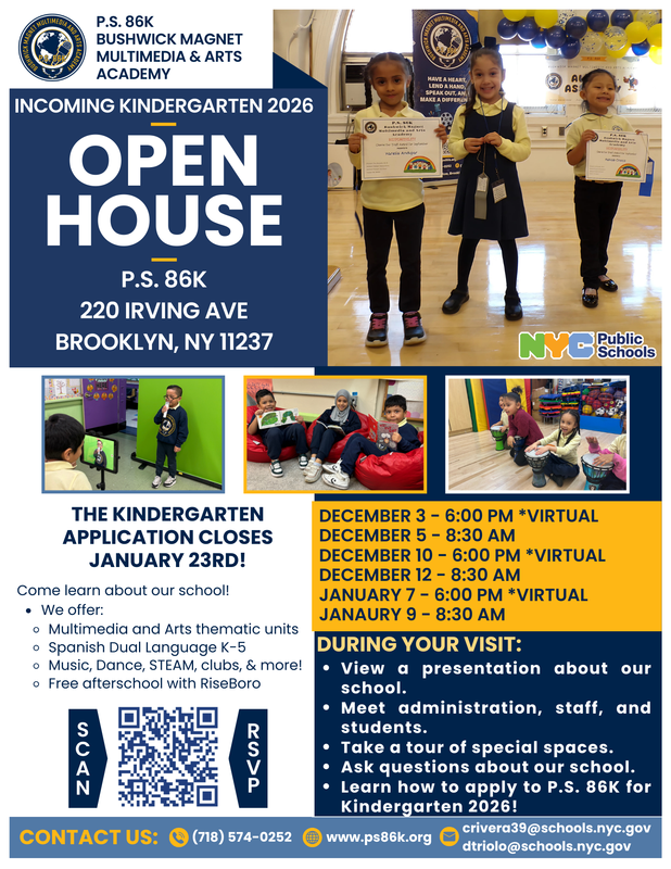 Open house flyer for PS 86K Kindergarten