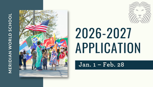 Students stand with flags from around the world. 2026-2027 Application. Jan. 1 - Feb. 28.