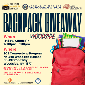Backpack giveaway flyer with a picture of a backpack. All the information is in text.
