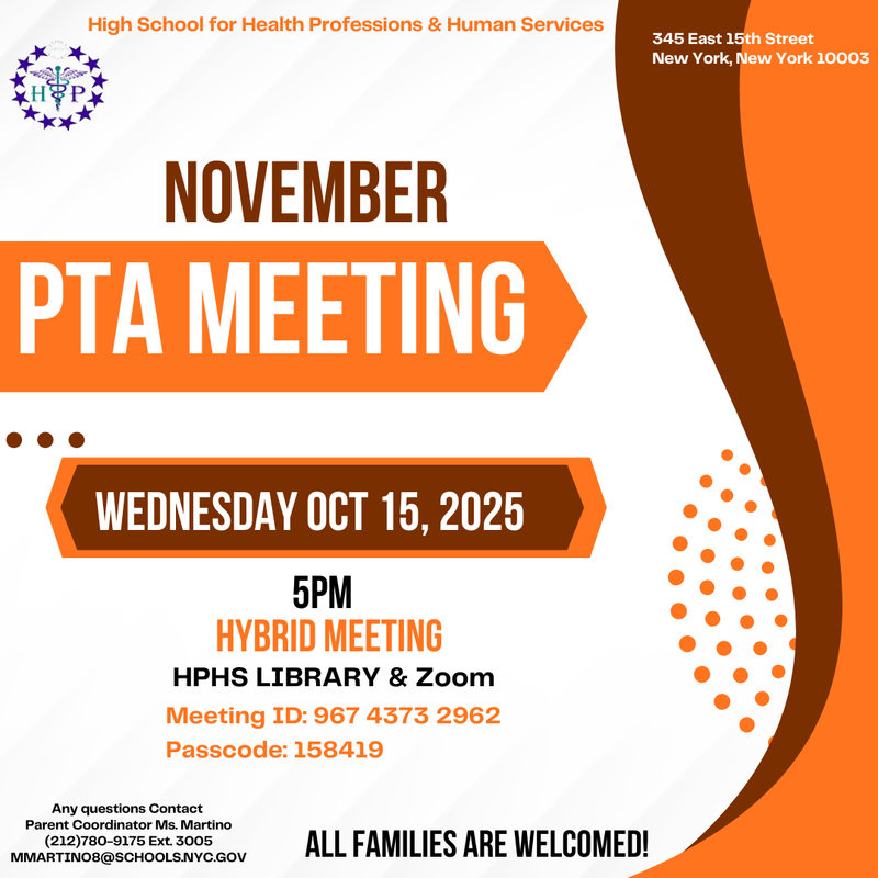 November PTA Meeting Wednesday, November 12, 2025 5pm HPHS Library