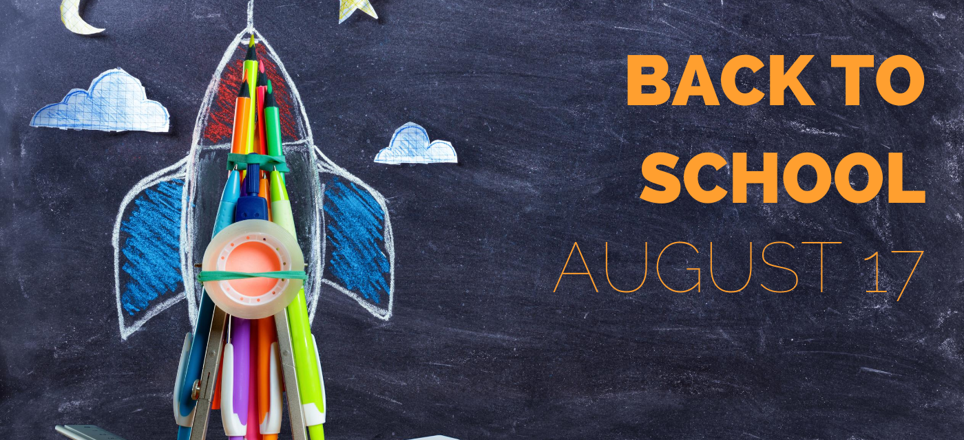 back to school august 17 graphic with rocket drawn by chalk