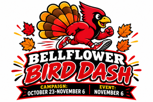 Stylized graphic of a bird running with autumn leaves and event details.