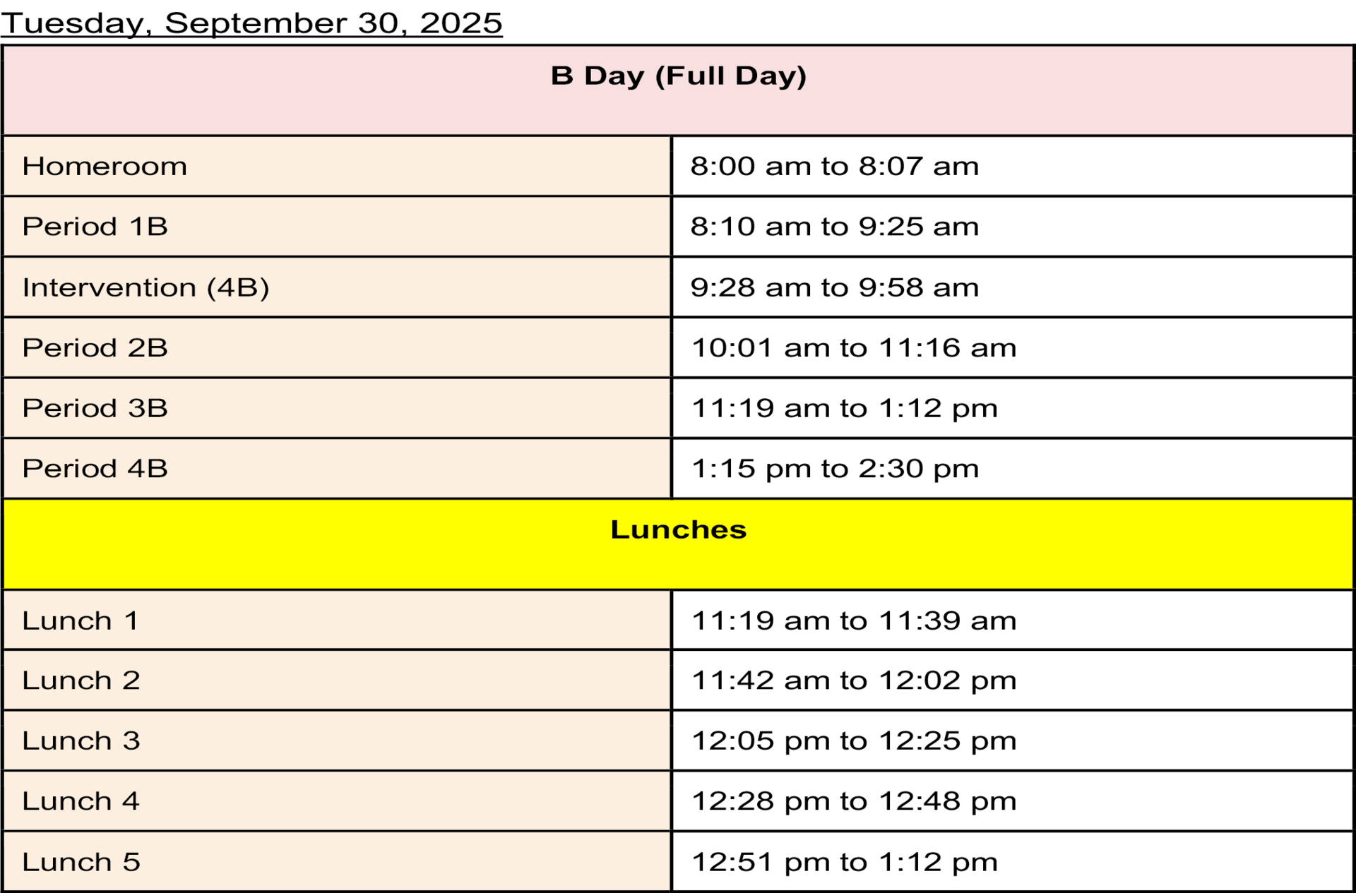 Schedule for B Day with periods and lunch breaks