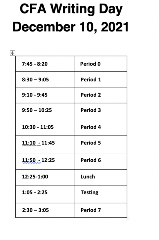 December 10, 2021, CFA Writing Day for VOHS Students. Release time is 2:25 PM Featured Photo