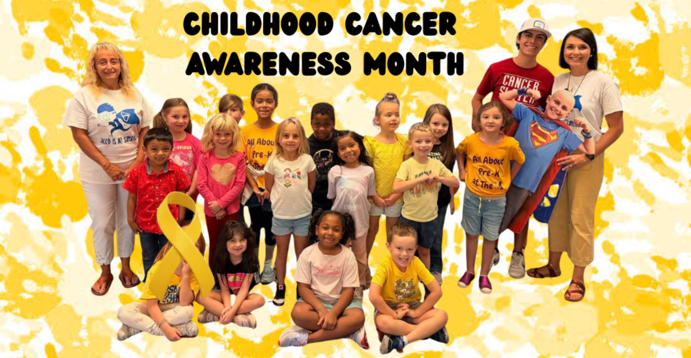 Group of children and adults supporting Childhood Cancer Awareness Month.