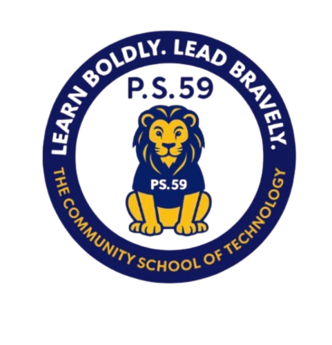 Seal featuring a lion with text: Learn boldly. Lead bravely. P.S. 59.