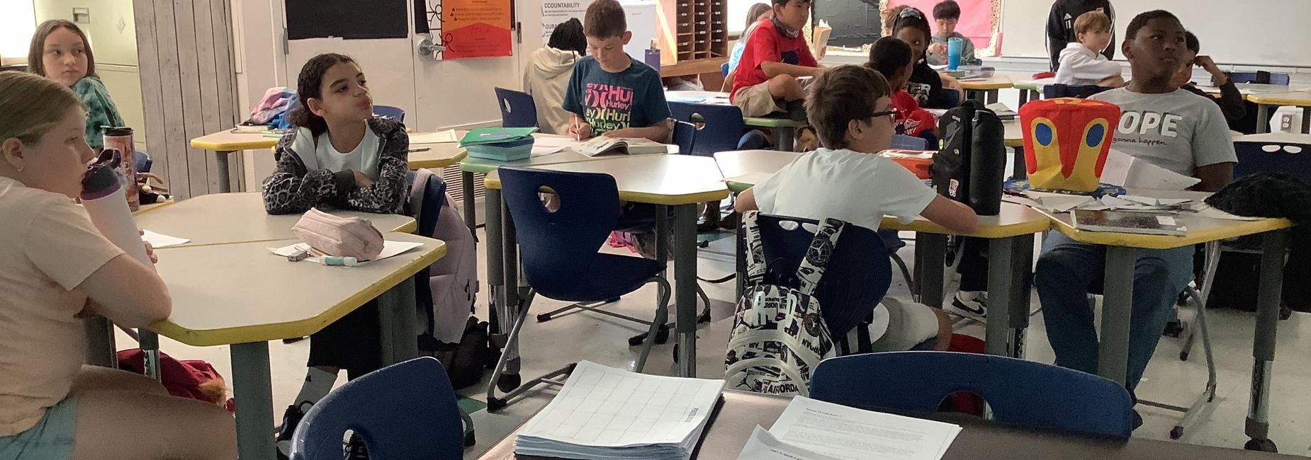 Group of students sitting at desks in a classroom, engaged in learning.