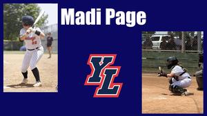 A blue background features "Madi Page" text at the top. Left: A softball player batting in pinstriped uniform. Right: Catcher in action. Center: "YL" logo.