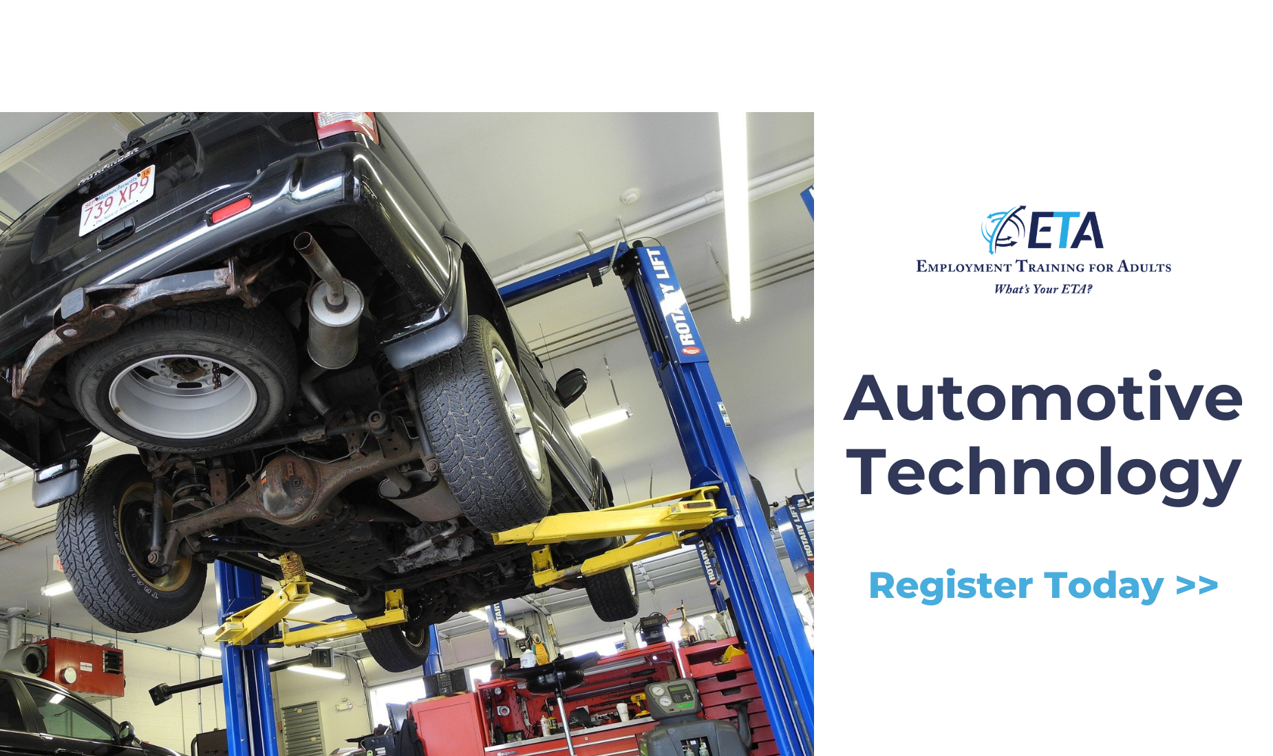 Vehicle on a lift in an automotive technology workshop with promotional text.
