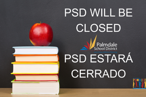 Decorative - a stack of books with a red apple. Text reads "PSD WILL BE CLOSED