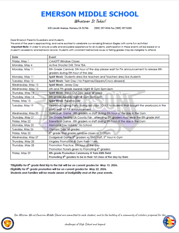 End of Year Activies EMERSON MIDDLE SCHOOL 2025-2026