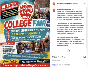 Announcement for the Big Apple College Fair with event details.