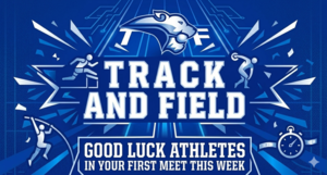 Blue graphic with track and field elements wishing athletes good luck.