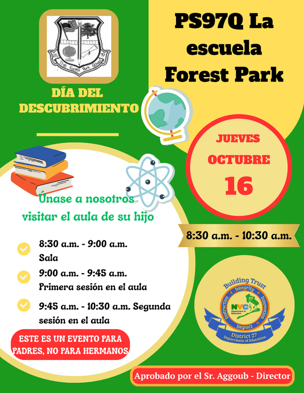Event flyer for Discovery Day at Forest Park School in Spanish.