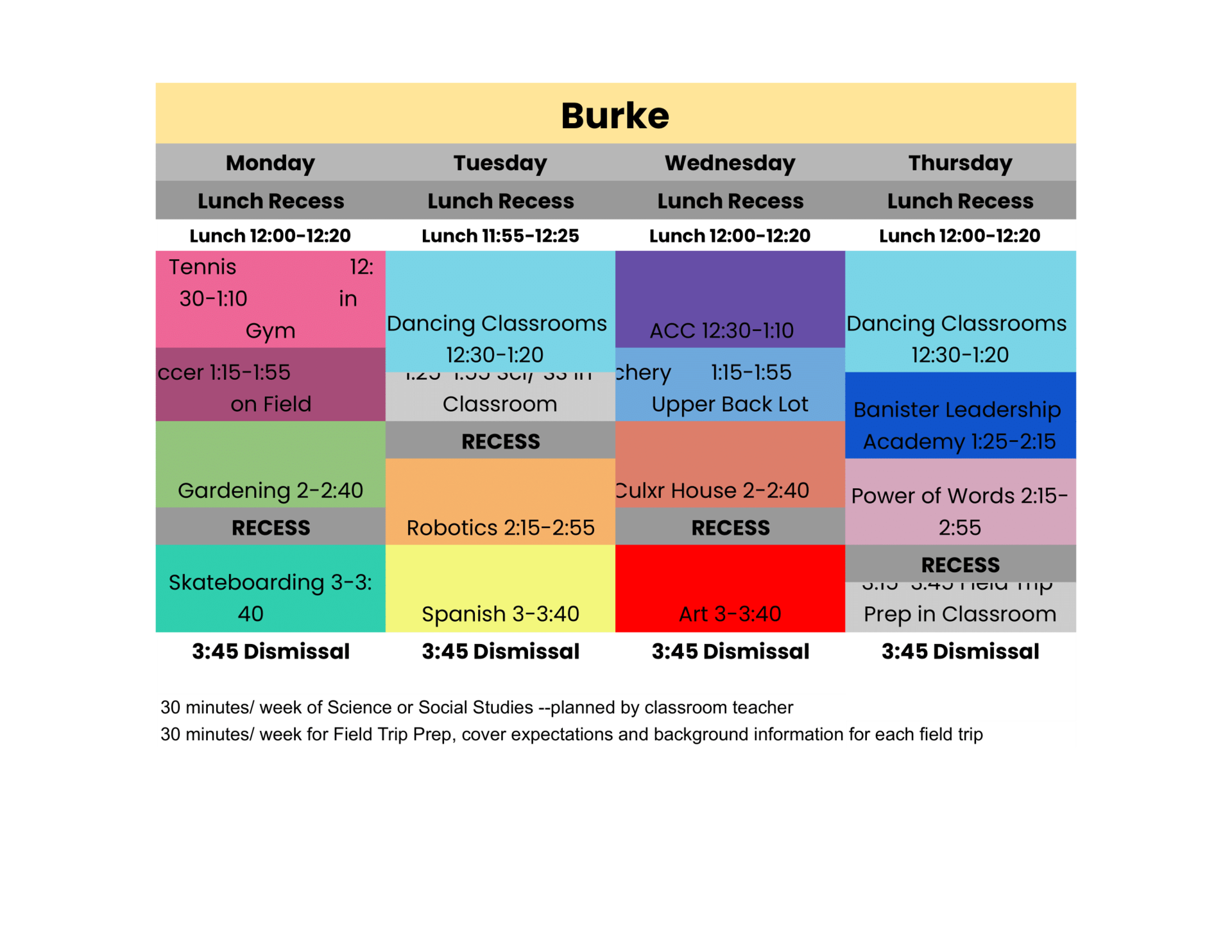Graphic shows the summer schedule with different colors for each activity.