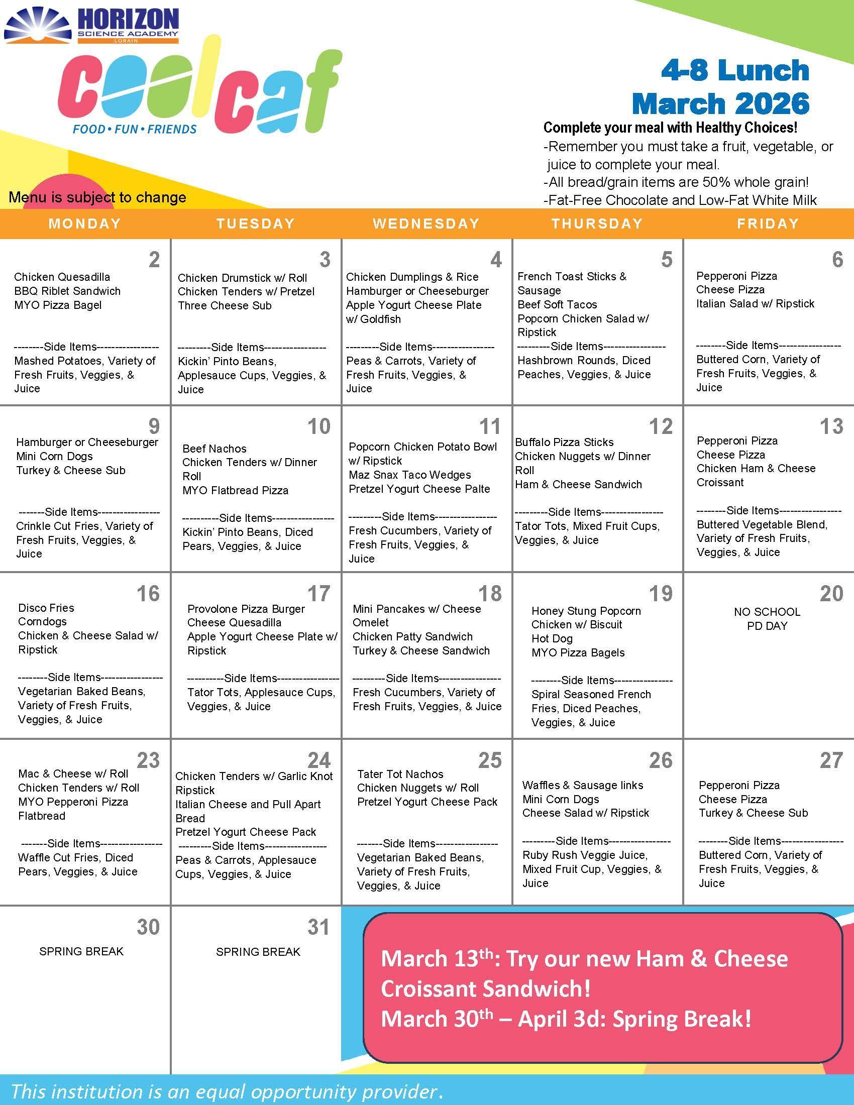 HSA West 4-8 Lunch Menu March 2026