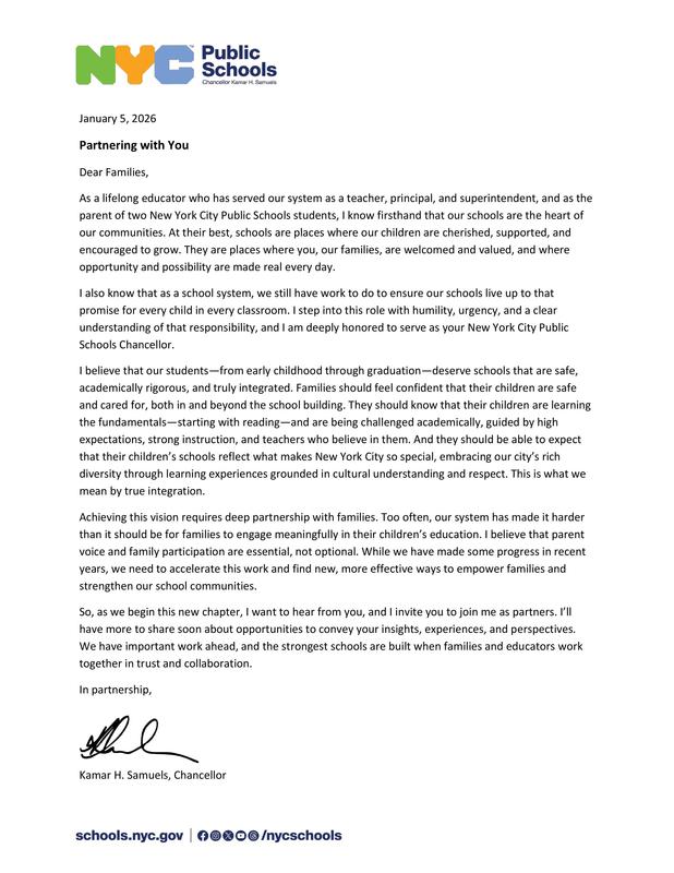 Letter from Chancellor on NYCPS letterhead