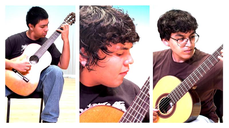three students shown playing guitar
