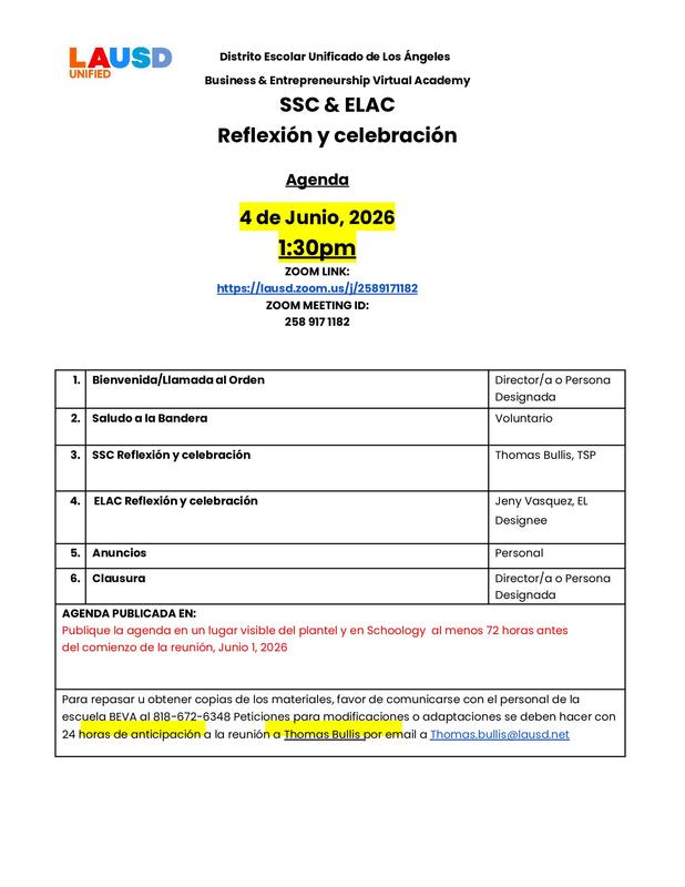SSC & ELAC Reflection & Celebration Spanish Agenda