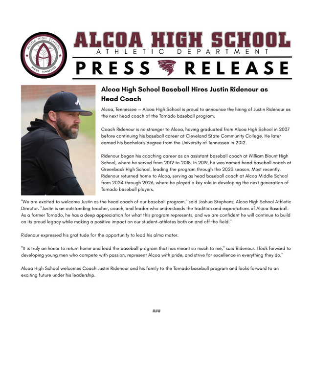 Press Release - Ridenour named AHS Baseball Head Coach